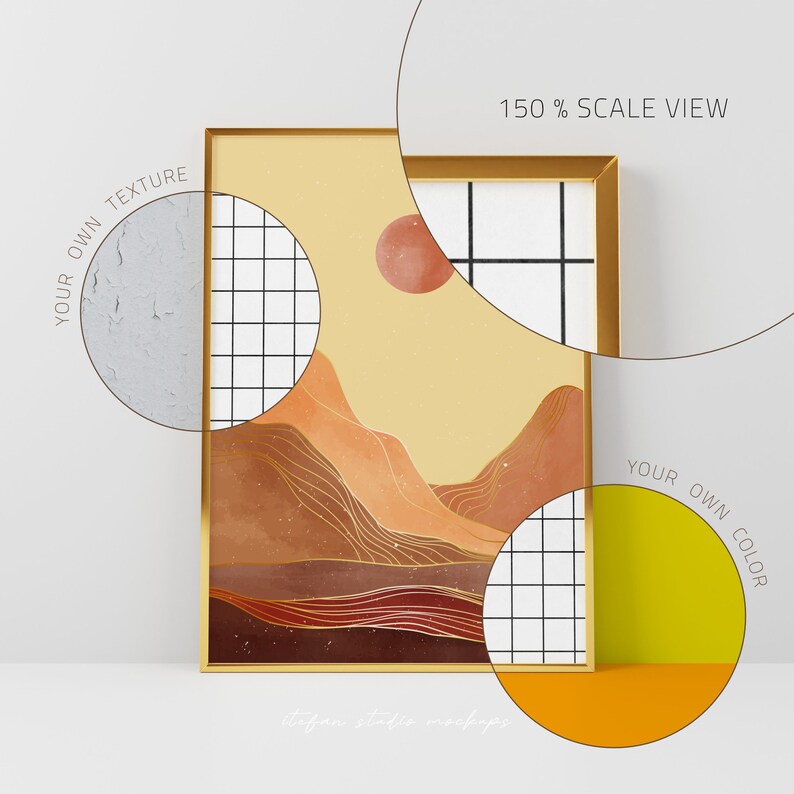 Puede incluir: Una impresi&oacute;n enmarcada de un paisaje abstracto con un marco dorado. La impresi&oacute;n presenta un esquema de color amarillo, naranja y rojo con una cordillera estilizada y un sol rojo. El texto "YOUR OWN TEXTURE" est&aacute; en la esquina superior izquierda y "YOUR OWN COLOR" est&aacute; en la esquina inferior derecha.