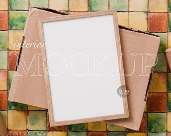 Natural Wood Frame Mockup on Retro Tiles, DIN A4 Cozy Poster Mockup, Soft Artwork Frame Mockup, Photo Frame Mockup, Wall Art Display PSD