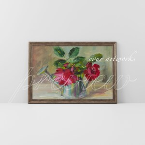 May include: A painting of a bouquet of red roses in a silver watering can. The roses are arranged in a loose, natural style, and the watering can is slightly tilted. The background is a soft, muted green.