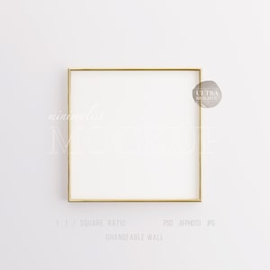 Gold Thin Frame Mockup, Square Frame Mockup PSD, Digital Frame Mockup For Print Art, Wallpaper Mockup, 10x10 Frame Mockup on Wall For Poster