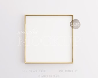 May include: A gold frame mockup with a white background. The frame is square and has a minimalist design. The text "minimalist mockup" is written in white on the frame. The text "1:1 / SQUARE RATIO" is written below the frame. The text "CHANGEABLE WALL" is written below the ratio text. The text "PSD AFPHOTO JPG" is written to the right of the ratio text. The text "ULTRA REALISTIC" is written in a white circle on the right side of the frame.