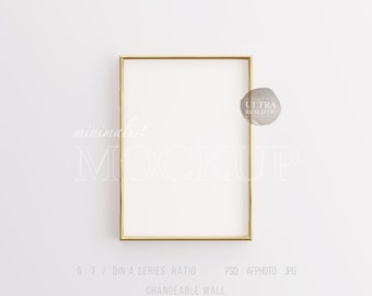 Gold Thin Frame Mockup, Vertical Frame Mockup PSD, Digital Frame Mockup For Print Art, Wallpaper Mockup DIN A4 A3, 5x7 Frame Mockup on Wall