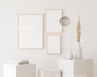 3 Frames Mockup, Minimalist Interior Frame Mockup, Set of Three Frames Mockup For Print Art Display, Vertical Nordic Light Wood Frame Mockup