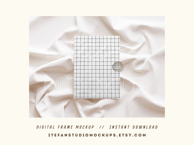 May include: A digital frame mockup featuring a white background with a grid pattern. The frame is on a white fabric with folds. The text "Digital Frame Mockup // Instant Download" is at the bottom of the image.