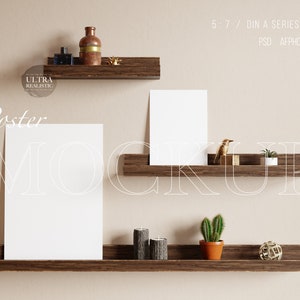 May include: A mockup of a poster on a wooden shelf with two smaller shelves below. The top shelf has a small bottle, a perfume bottle, and a gold decorative object. The middle shelf has a white card and a gold bird figurine. The bottom shelf has two black candles, a small potted cactus, and a gold decorative sphere.