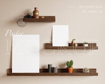 Vertical Poster Mockup, 5x7 Minimal Poster Mockup Display on Picture Ledge, Modern Styled Digital Art Print Poster Mockup on Floating Shelf