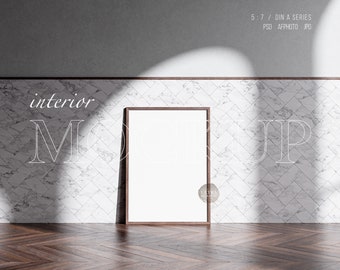 Tall Frame Mockup, 5x7 Brown Wood Frame Mockup, Modern Vertical Prints Posters Mockup in Artist Sammi's Room, Shadow Overlay Frame Mockup