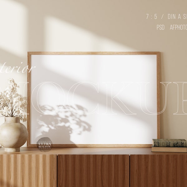 Landscape Frame Mockup, 7x5 Horizontal Frame Mockup, Poster Mockup, Print Shop Mockup, Wooden Frame Mockup on Wood Cabinet For Printable Art