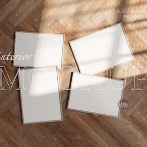 Four Frames Mockup, 5x7 Ratio Wooden Frames on Wooden Floor in Bright Room, Set of 4 Digital Wall Art Gallery Frames Mock up Template PSD