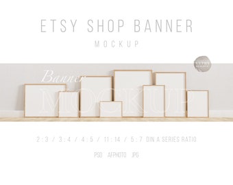Frame Mockup Banner, Etsy Shop Banner Mockup For Prints, 8 Frame Mockup PSD Template, Natural Light Framed Art Mockup, Wood Frame On Floor