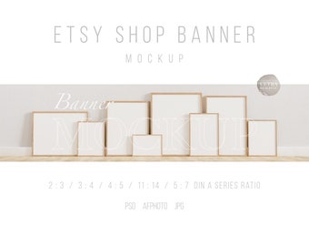 Frame Mockup Banner, Etsy Shop Banner Mockup For Prints, 8 Frame Mockup PSD Template, Natural Light Framed Art Mockup, Wood Frame On Floor