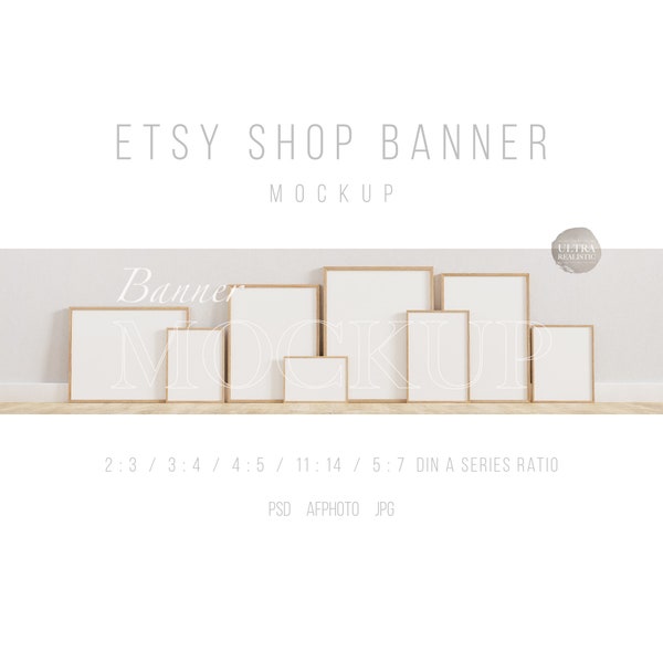 Frame Mockup Banner, Etsy Shop Banner Mockup For Prints, 8 Frame Mockup PSD Template, Natural Light Framed Art Mockup, Wood Frame On Floor