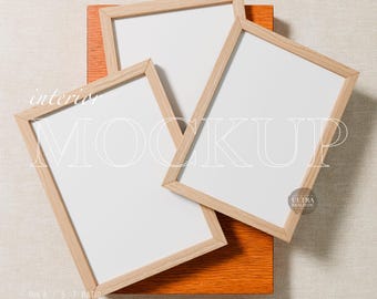 Ensemble de 3 maquettes de cadre en bois, cadre bohème, présentoir de maquette de cadre DIN A4, maquette de cadre réaliste, maquette de cadre d'affiche d'art mural imprimable