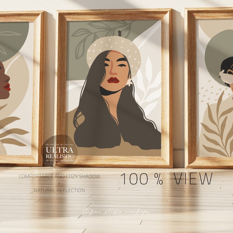 May include: Three framed illustrations of women with abstract backgrounds. The centre illustration features a woman with long dark hair wearing a white beret. The text "ULTRA REALISTIC" is visible in the centre illustration. The text "COMFORTABLE AND COZY SHADOW + NATURAL REFLECTION" is visible below the illustrations. The text "100% VIEW" is visible below the illustrations.