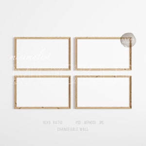 4 Holzrahmen Mockup, modernes digitales Mockup, 16x9 TV Kunstrahmen Mockup, minimalistisches Kunstdisplay mit Holzrahmen, einfache horizontale Rahmenvorlage