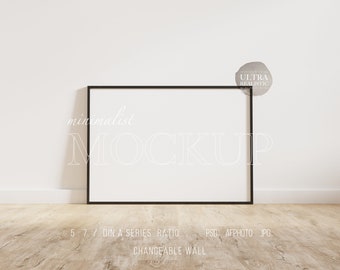 7x5 Black Frame Mockup For Wallpaper Art, Horizontal Frame Mockup, Landscape Digital Frame Mockup, Shadow Light Frame On Wooden Floor Mockup