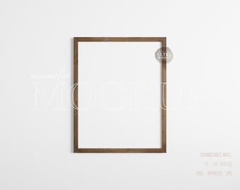 May include: A brown wooden frame mockup with a white background. The frame is hanging on a white wall. The text "minimalist MOCKUP" is visible in the image. The text "ULTRA REALISTIC" is visible in a circle on the frame.
