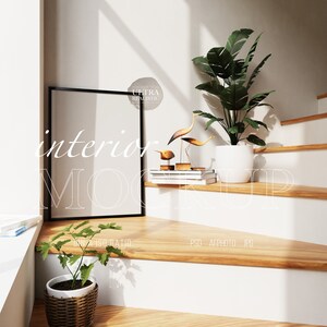 Vertical Frame Mockup By The Window Frame On Staircase Interior Mockup Thin Black Framed Glass Reflection Printable Art Digital Frame Mockup