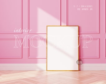 Wooden Frame on Pink Wall, Parisian Inspired Wall Paneling Vertical Frame Mockup, Canvas Mockup, Poster Frame Mockup on Vintage Pink Wall