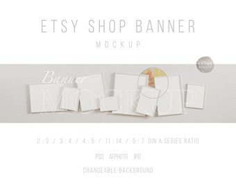 Maqueta de banner con marco, Maqueta de banner para tienda Etsy para impresiones, Plantilla PSD de maqueta de 8 marcos, Maqueta de arte enmarcado con luz natural, Marco blanco sobre el suelo