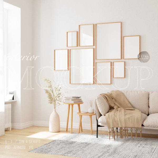 Maqueta de marco de pared de galería, maqueta de 8 marcos, maqueta para póster imprimible, maqueta de marco digital, maqueta de marco de madera vertical DIN A 5x7 arte de pared