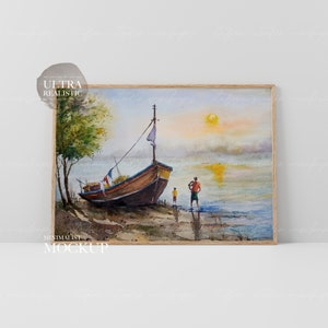 Puede incluir: Una pintura de acuarela de un barco en una playa con dos personas de pie en la orilla. El cielo es de un naranja y rosa suave, y el agua es de un azul claro. El barco es marr&oacute;n y tiene una vela blanca. Las personas visten ropa informal.
