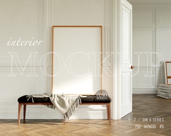 5x7 Wood Frame Mockup, Natural Light Mockup for Poster, Tall ISO Frame Mockup, Minimalist Interior Design, Scandinavian Vertical Frame PSD