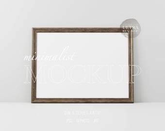 Antiek frame mockup, donker houten frame mockup, 7x5 verhouding frame, horizontaal frame mockup, print mockup oude minimalistische kunst frame poster display