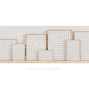 May include: A set of six wooden picture frames with a grid pattern on the inside. The frames are arranged in a row on a wooden surface. The text "PLACE YOUR ARTWORKS" is below the frames.