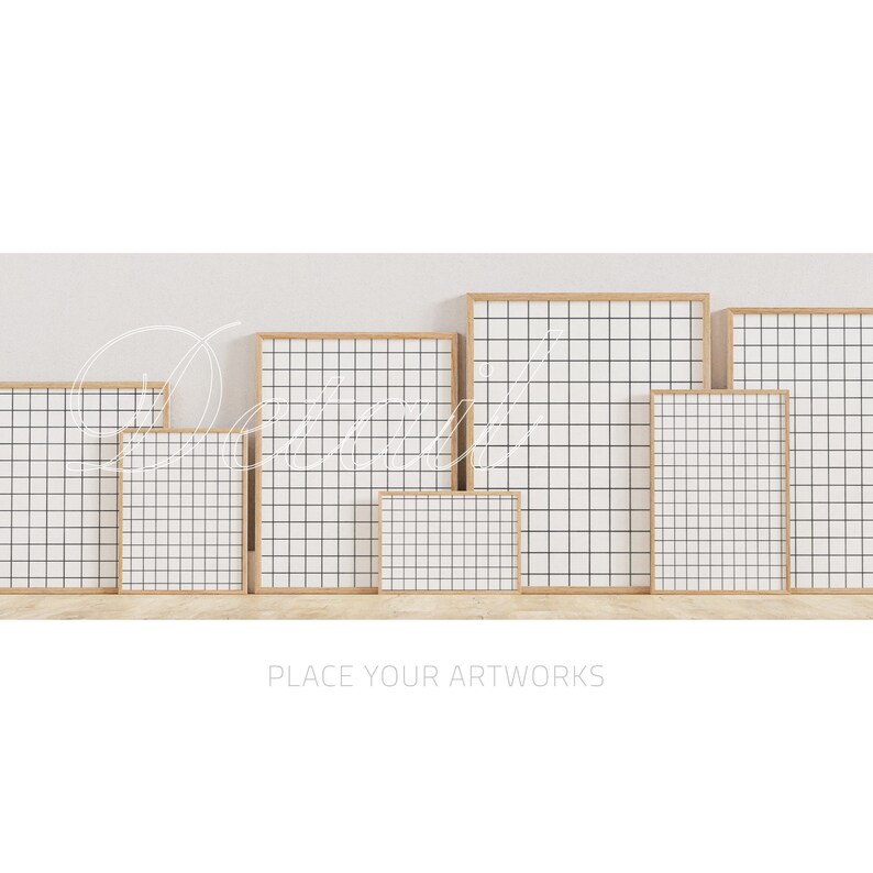 May include: A set of six wooden picture frames with a grid pattern on the inside. The frames are arranged in a row on a wooden surface. The text "PLACE YOUR ARTWORKS" is below the frames.