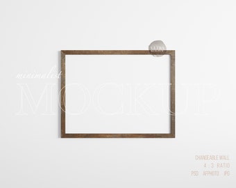 4x3 Rural Old Frame, Dark Brown Wooden Frame Mockup, Horizontal Rough Antique Frame Mockup Template, Rustic Frame For Vintage Oil Paint Art