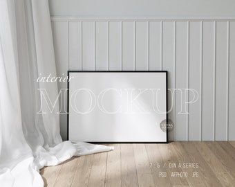 Modern Frame Mockup DIN A Ratio, 7x5 Black Frame, Minimalistic Interior Mockup Design Gallery Frame, Bright Huge Horizontal Frame Template