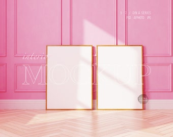 Two Mockup Frames, Modern Parisian Interior Pink Wall Panelling, Vertical Frame Mockup, 5x7 Ratio Mockup, Wooden Frame Mockup, Poster Mockup