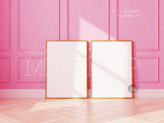 Two Mockup Frames, Modern Parisian Interior Pink Wall Panelling, Vertical Frame Mockup, 5x7 Ratio Mockup, Wooden Frame Mockup, Poster Mockup