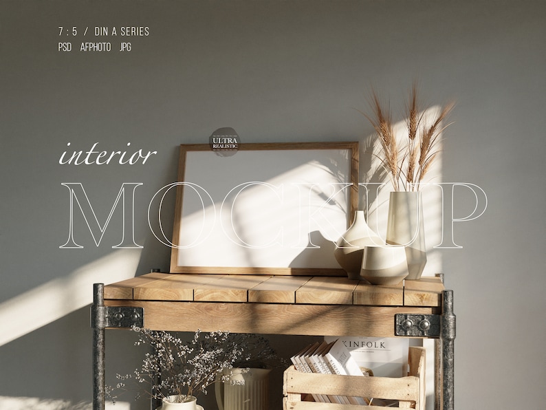 Maquete de moldura de madeira de bordo DIN A 7x5 na prateleira, maquete escandinava horizontal PSD, maquete digital moderna de moldura nórdica para galeria de arte imprimível imagem 1