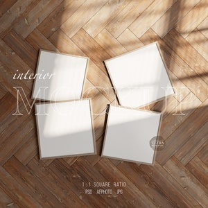 May include: Four square wooden picture frames with white mats on a wood floor. The frames are arranged in a circle with the text "interior mockup" in the center. The floor is made of light brown wood planks.