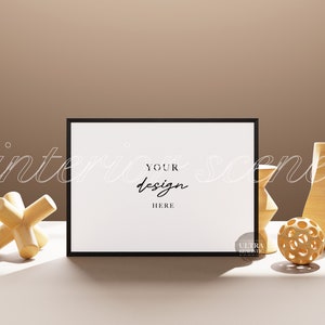 7x5 Black Wood Frame Mockup, Horizontal DIN A Thin Frame Mockup on Table and Wood Doodads, Digital Frame Mockup for Art Prints Poster Shop