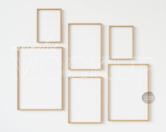 Sześć pionowych ram 5x7, zestaw 6 ramek makiety na ścianie, makieta galerii sztuki cyfrowej, minimalistyczne drewniane ramki, makieta wydruku i plakatu