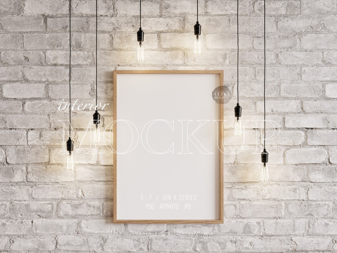 Vertical Frame Mockup on Wall With Light Bulbs, DIN A Wooden Frame ...