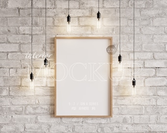 Vertical Frame Mockup on Wall with Light Bulbs, DIN A Wooden Frame Mockup, Digital Frame Mockup for Print Art Display, Interior Mockup Scene