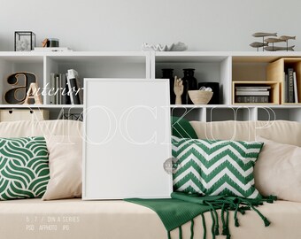 Large White Frame Mockup on Sofa, 5x7 Vertical Wall Art Frame Mockup For Prints Posters, Natural Modern Interior Room Digital Frame Mockup