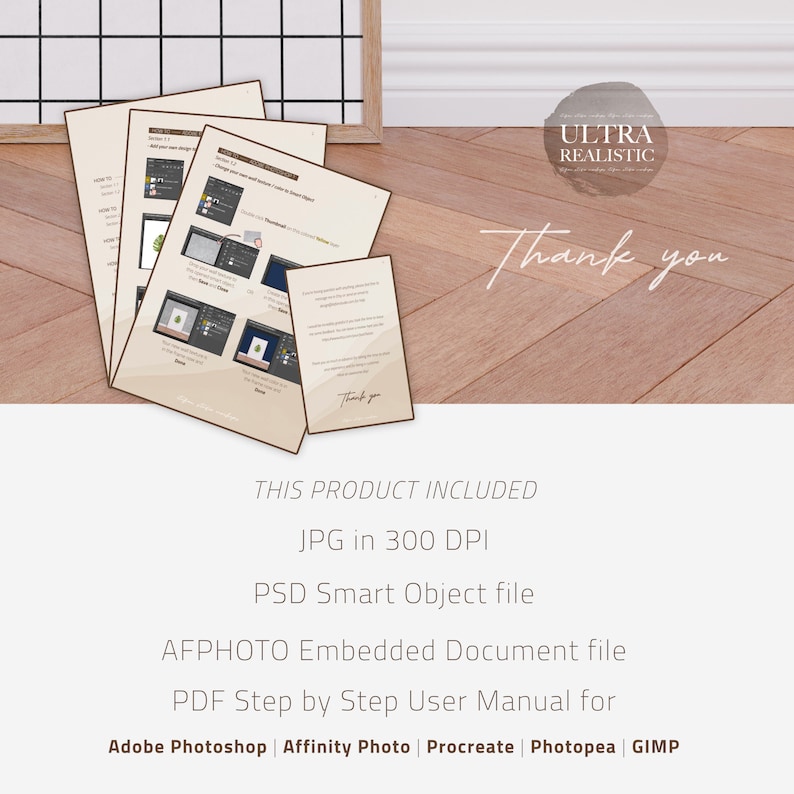 May include: A digital product mockup showing a set of instructions for creating a realistic leaf design. The instructions are for Adobe Photoshop, Affinity Photo, Procreate, Photopea, and GIMP. The product includes a JPG in 300 DPI, a PSD Smart Object file, an AFPHOTO Embedded Document file, and a PDF Step by Step User Manual.