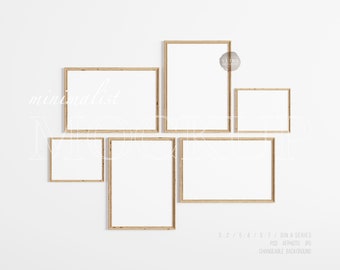 6 Frames Gallery Wall Art Mockup, Mixed Ratio Wooden Frame Mockup Template, Minimalist Light Wooden Frame Mockup for Digital Printable Art