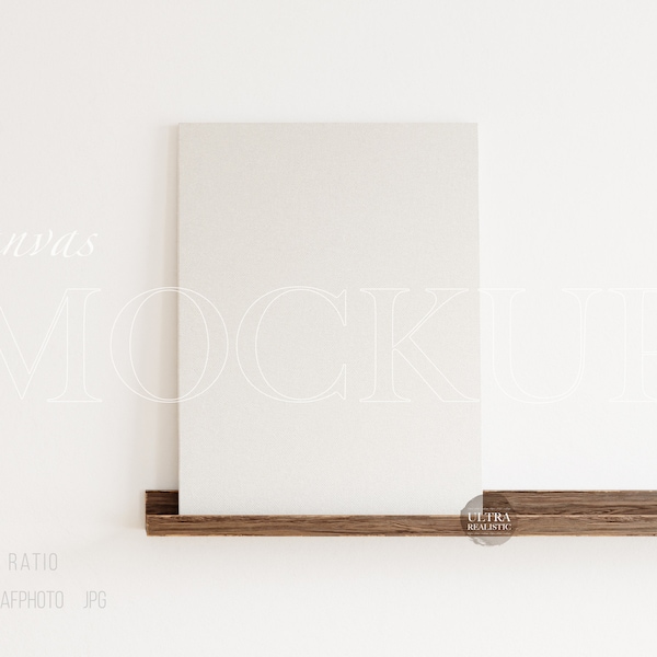 Cotton Canvas Frame Mockup, 3x4 Vertical Canvas Mockup on Picture Ledge, Minimalist Interior, Digital Art Print Poster Mockup on Float Shelf