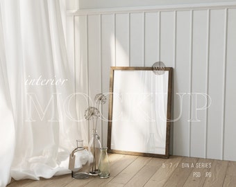 5x7 Dark Brown Wood Frame Mockup, Minimalist Interior Scandinavian Frame Mockup, Vintage Villa Interior Mockup, Vertical Boho Frame Mockup