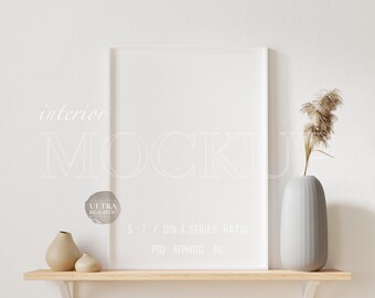 White Frame Mockup, 5x7 Frame Mockup For Print Art Display, Minimalist Home Interior Poster Mockup, Vertical Nordic Wood Frame On Shelf