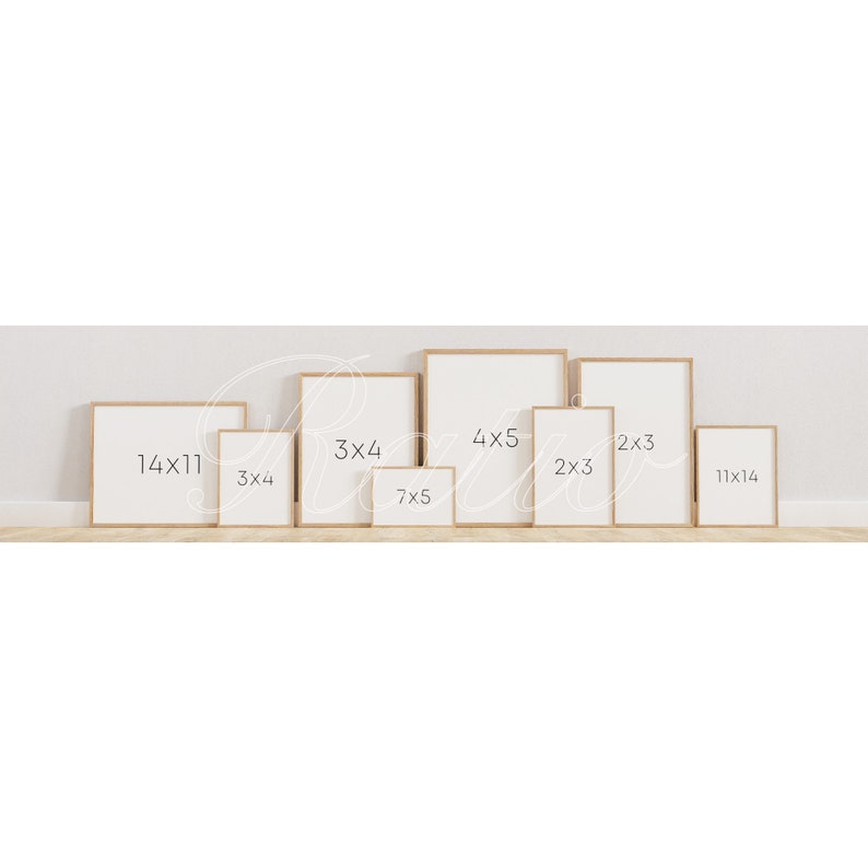 May include: A collection of wooden picture frames in various sizes, including 14x11, 3x4, 7x5, 4x5, 2x3, and 11x14 inches.