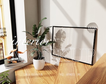 Frame Mockup On Staircase Horizontal Frame Mockup Black Thin Frame In Modern Interior By The Window Reflection Wall Art Frame Display Mockup