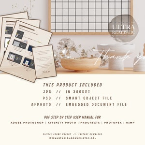 May include: A digital frame mockup with a white background and a wooden frame. The frame is sitting on a table with a vase of dried flowers, a wooden bowl, and two white ceramic vases. The text "ULTRA REALISTIC" is written in a white circle on the image. The text "Thank you" is written in cursive on the image. The text "THIS PRODUCT INCLUDED" is written in black text on the image. The text "JPG // IN 300DPI" is written in black text on the image. The text "PSD // SMART OBJECT FILE" is written in black text on the image. The text "AFPHOTO // EMBEDDED DOCUMENT FILE" is written in black text on the image. The text "PDF STEP BY STEP USER MANUAL FOR" is written in black text on the image. The text "ADOBE PHOTOSHOP | AFFINITY PHOTO | PROCREATE | PHOTOPEA | GIMP" is written in black text on the image. The text "DIGITAL FRAME MOCKUP // INSTANT DOWNLOAD" is written in black text on the image. The text "ITEFANSTUDIOMOCKUPS.ETSY.COM" is written in black text on the image.