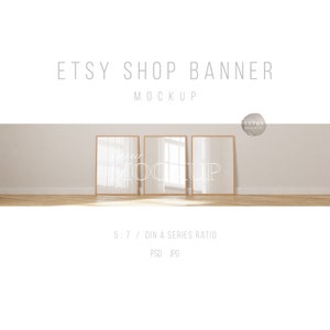 May include: Mockup of three Etsy shop banners in a minimalist interior setting. The banners are in a 5:7 DIN A series ratio and are displayed in a row on a white wall with a wooden floor. The banners are in a light wood frame.